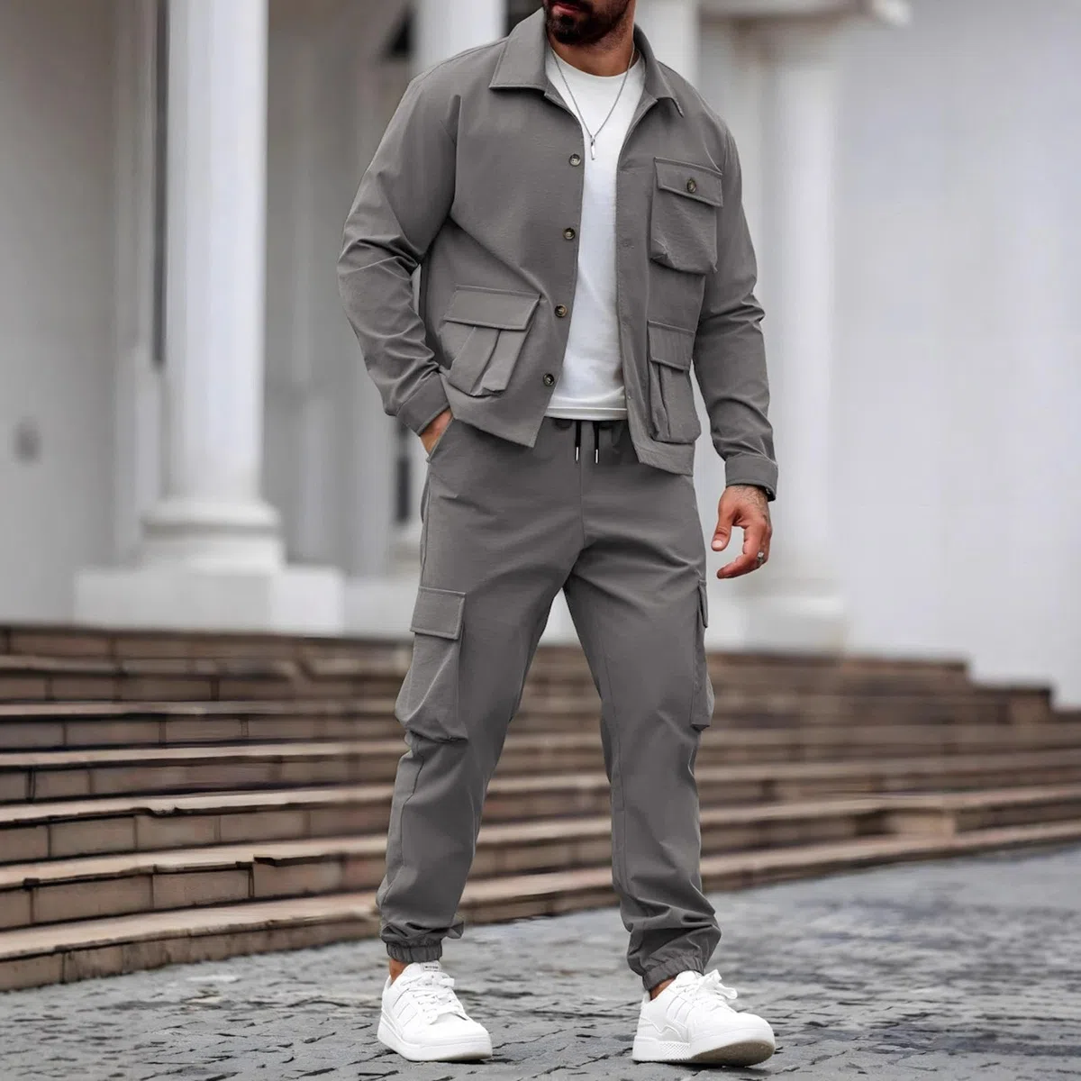 Conjunto De Cargo Retro Americano para Hombre con Múltiples Bolsillos, Chaqueta De Un Solo Botón y Pantalones De 2 Piezas