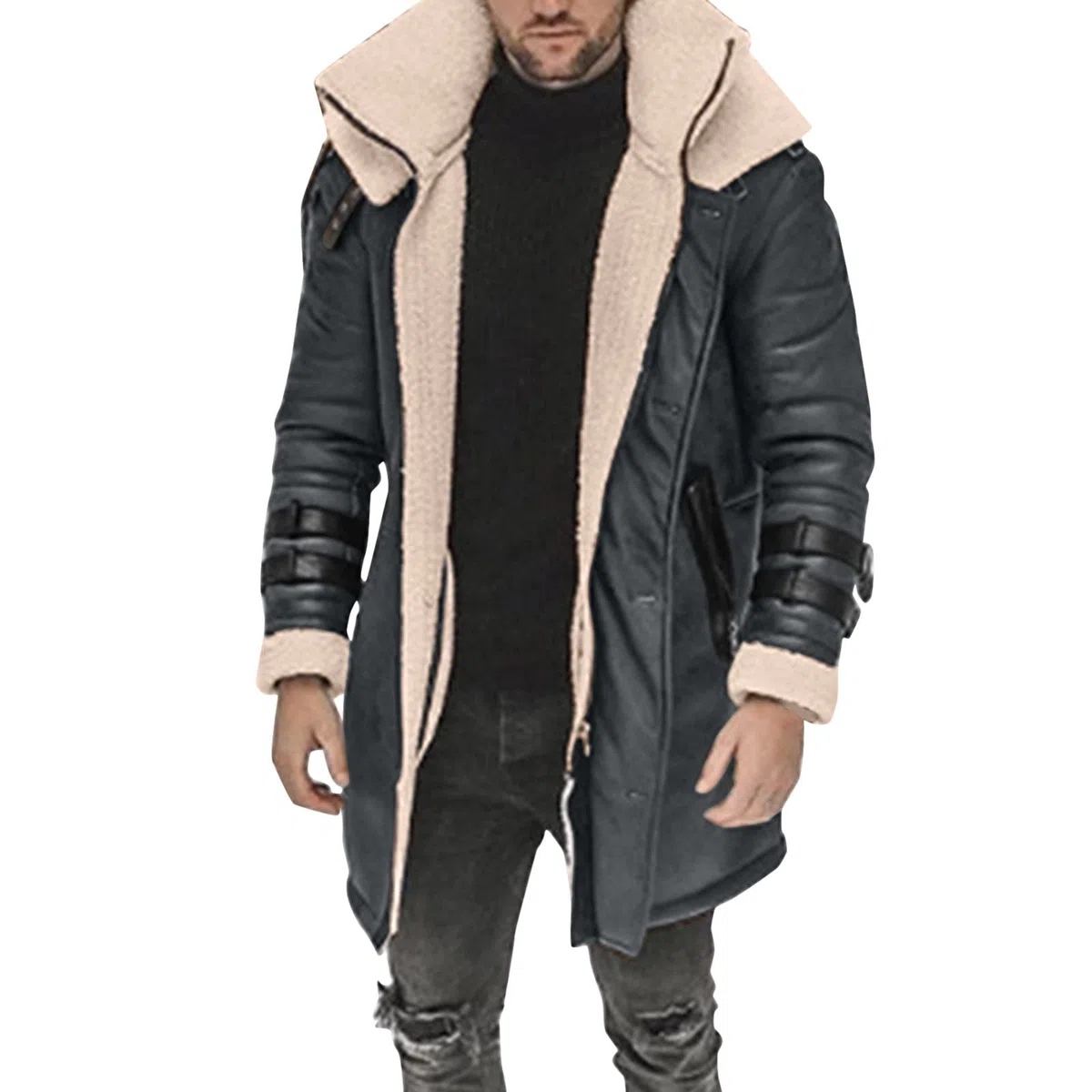 Gabardina con forro de piel para hombre, estilo retro, abrigo vintage cálido, chaqueta de poliuretano con forro de sherpa, abrigo acolchado resistente al viento, abrigo mullido, abrigo grueso para