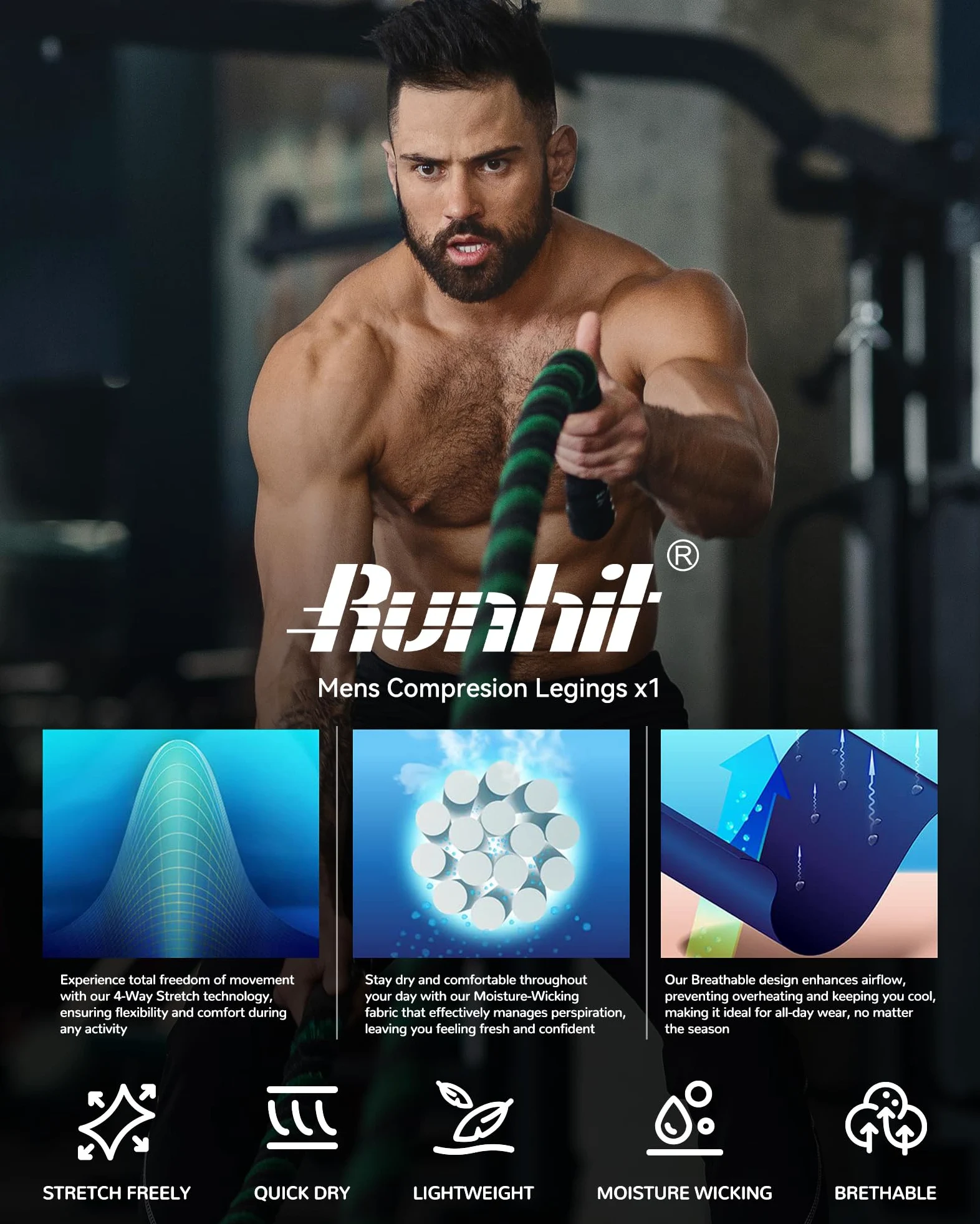 Runhit Mens Leggings - Pantalones de compresión Hombre