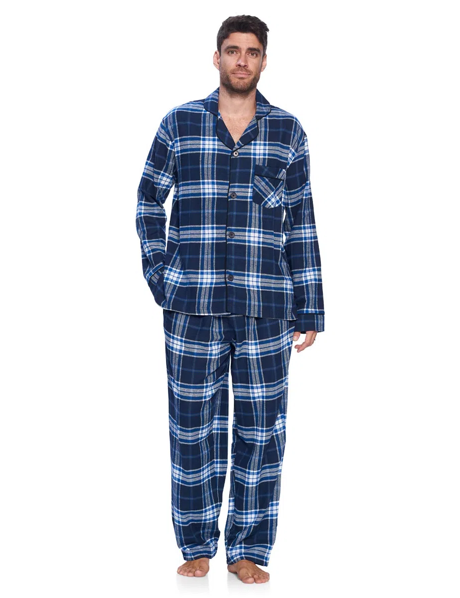 Ashford & Brooks Conjunto de pijama de franela de manga larga para hombre, a cuadros, ropa de dormir y ropa de descanso con botones
