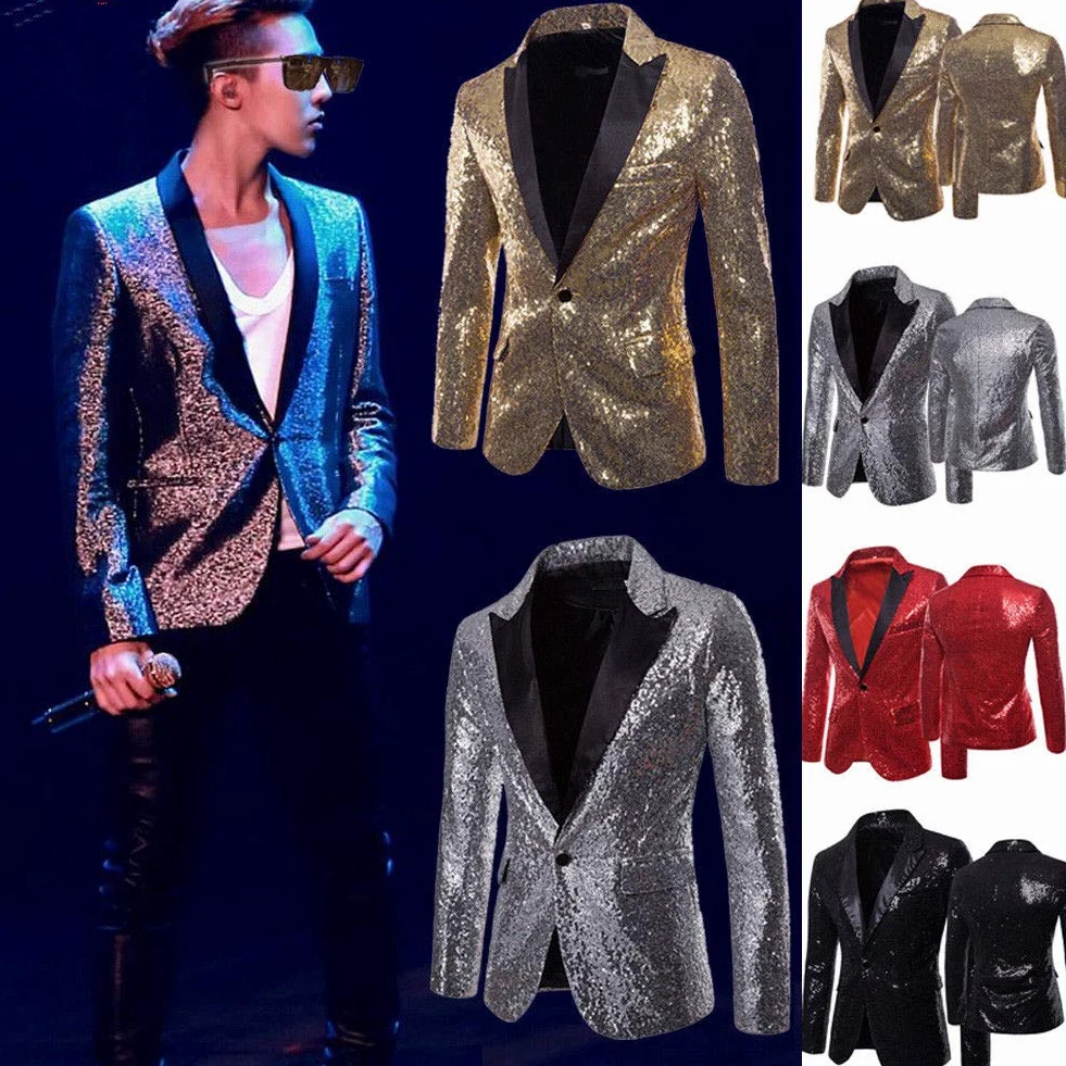 Chaqueta de traje de lentejuelas brillantes para hombre, esmoquin de un botón, para fiesta, boda, banquete, baile de graduación
