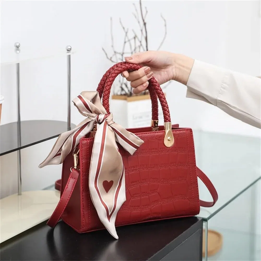 Bolso de mano de piel sintética con patrón de cocodrilo, bolso de mano para mujer, gran capacidad, bolso cruzado diagonal con bufanda, Red, Talla única