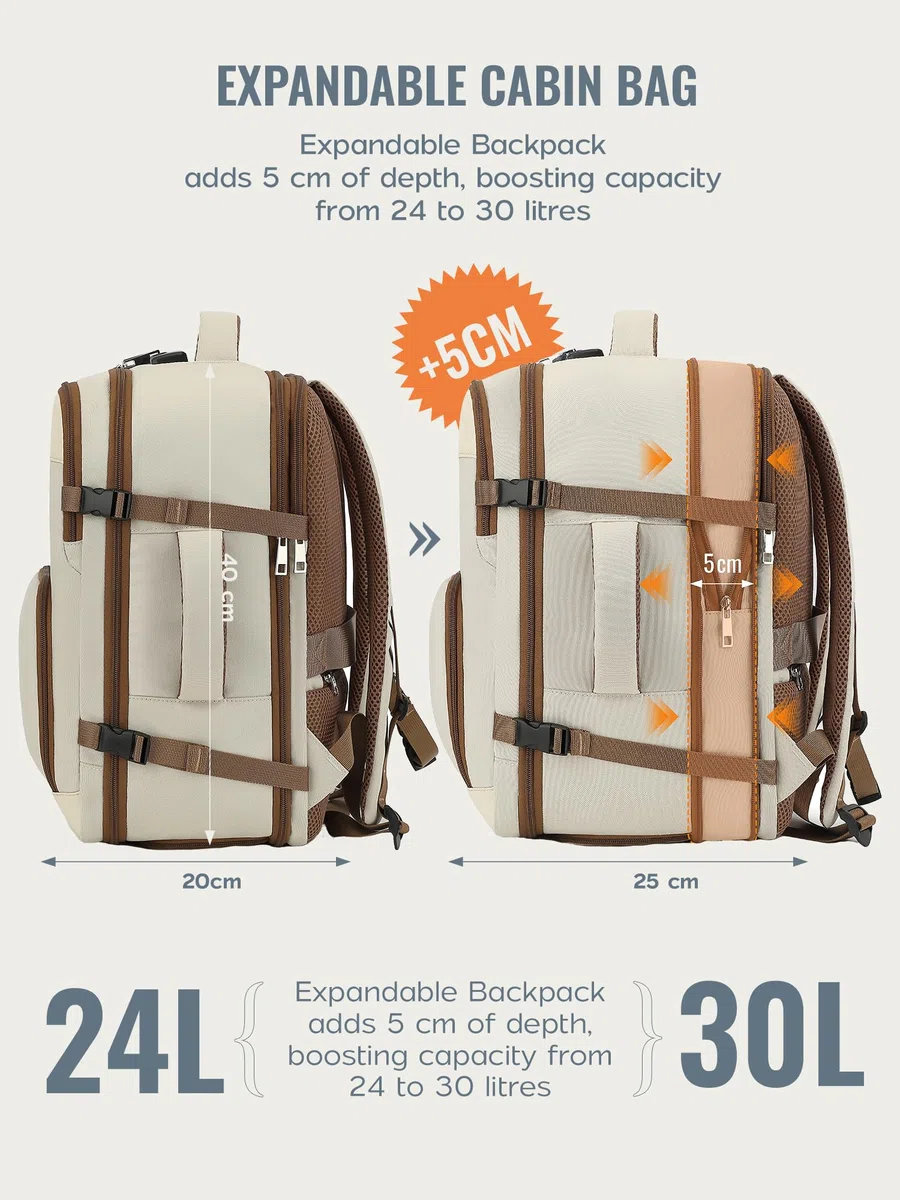 Ryanair - Equipaje de mano extensible (40 x 30 x 20, 40 x 30 x 25, 24 L hasta 30 L), beige, 40x30x20cm(24L-30L), Clásico | Eurowings EasyJet - Mochila de viaje para avión con cerradura de combinación para portátiles de 14 pulgadas, color negro