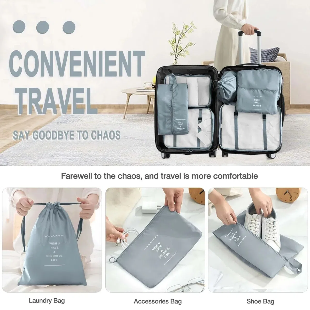 Bolsas viaje organizador Juego de organizador viaje 7 Uds., bolsas almacenamiento plegables, maleta con forma cubo for guardarropa, equipaje for ropa y zapatos(Pink)