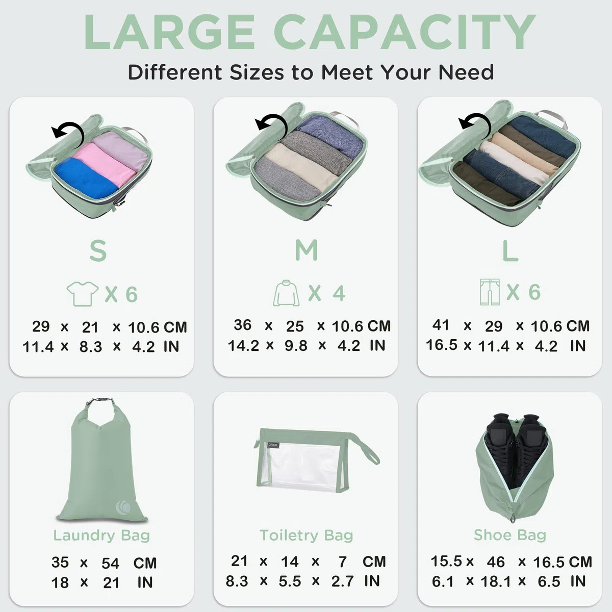 Cipway Bolsas Compresion Viaje, Diseño de Malla Impermeable Ligero y Duradero Bolsas de Viaje Organizador para la Mochila Maletas de Almacenamiento en el Hogar(Verde salvia, 8 Unidades)