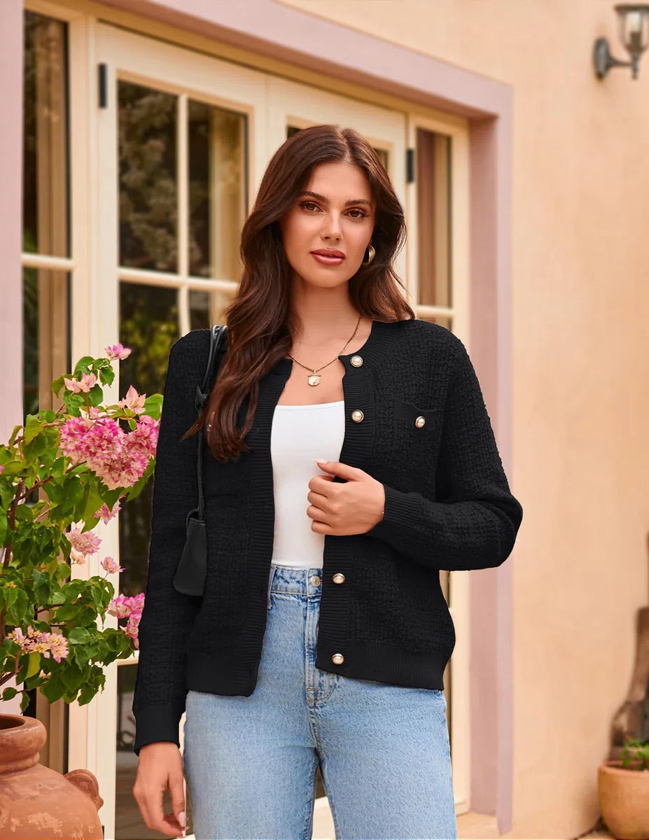 GRACE KARIN Cárdigan de punto con botones y bolsillos para mujer, con parte delantera abierta, con textura, Negro -, L