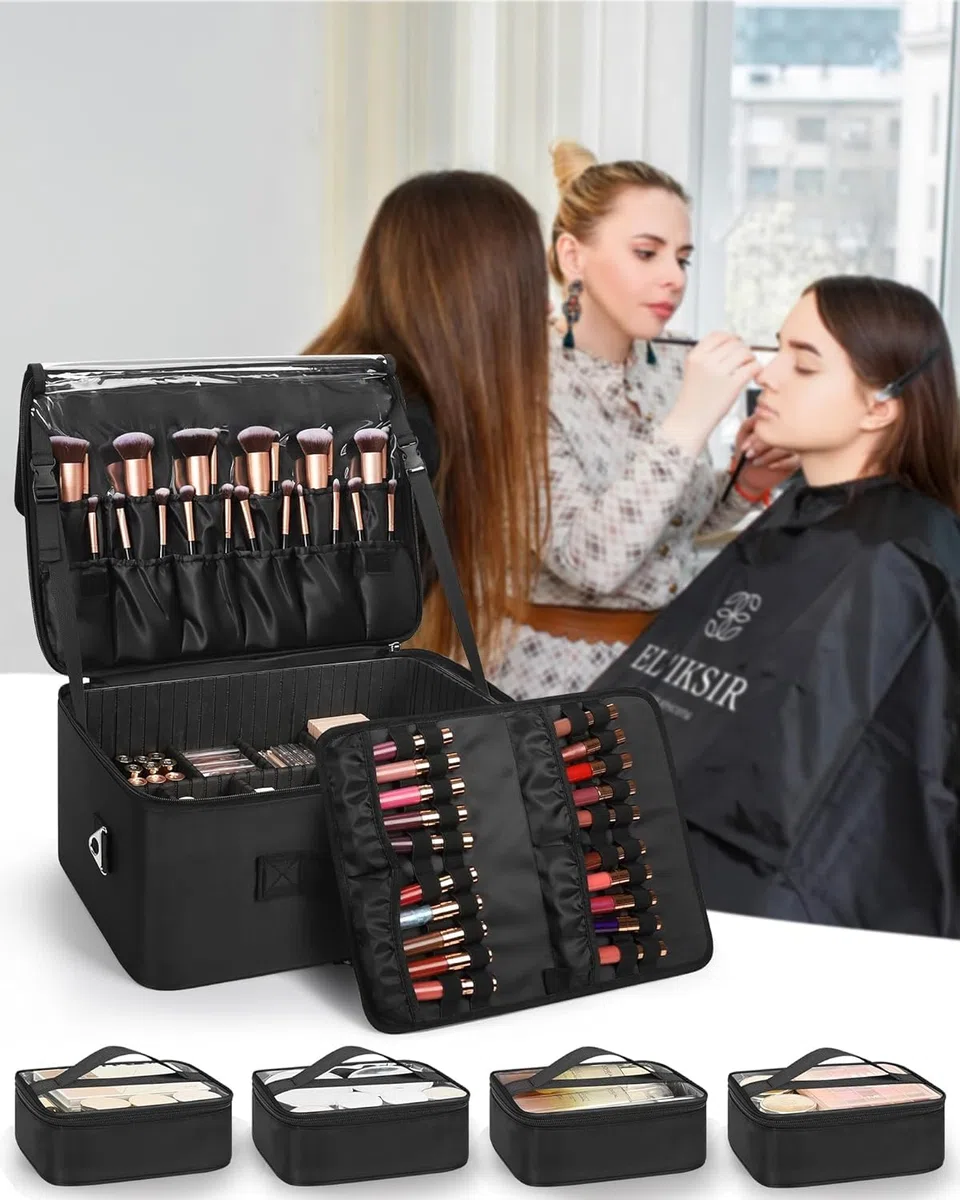 Maletín de maquillaje, organizador de cosméticos profesional con soporte para brochas, Negro , XXL, Fallow