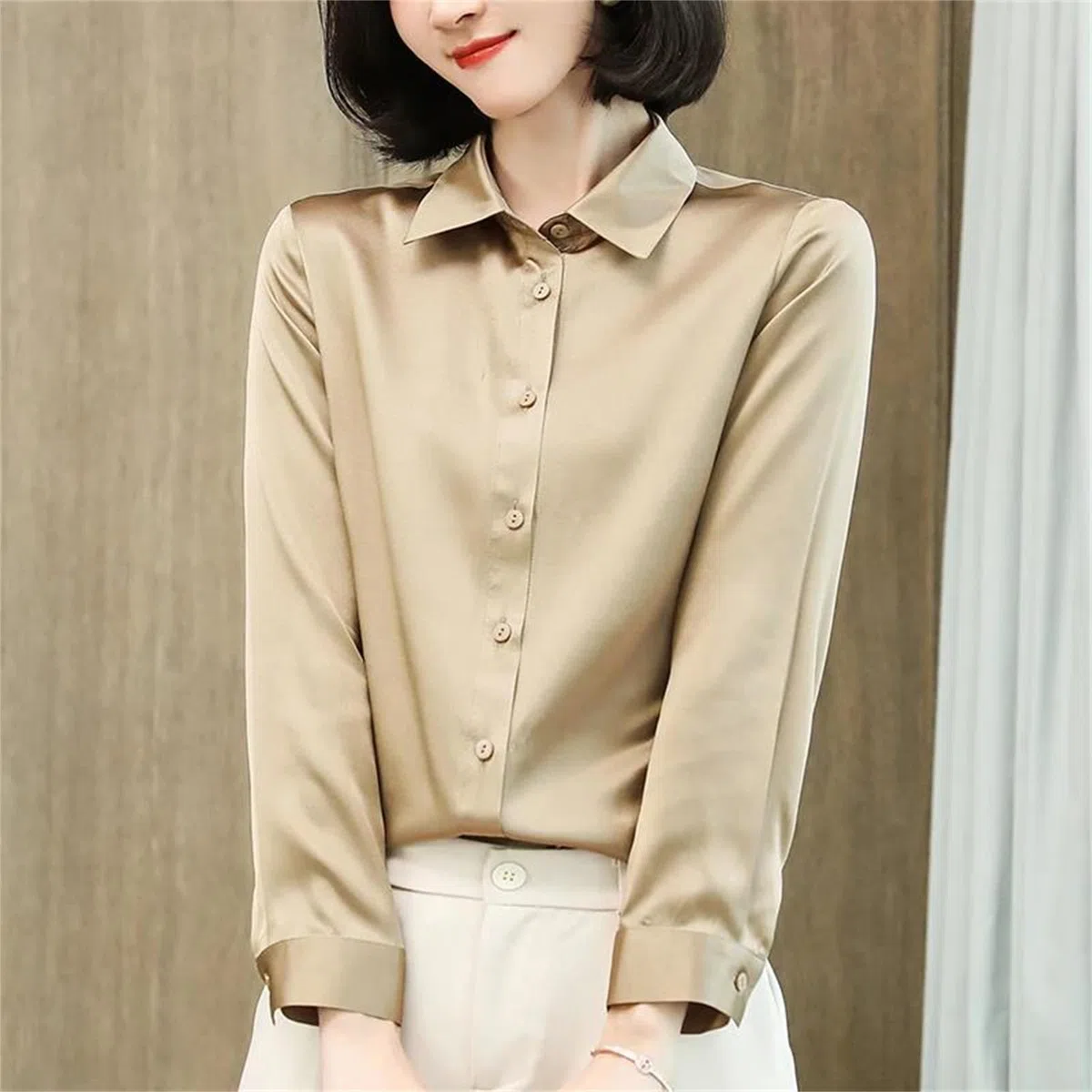 Blusa básica de satén de seda para mujer, cuello vuelto, manga larga, para oficina, trabajo, etc