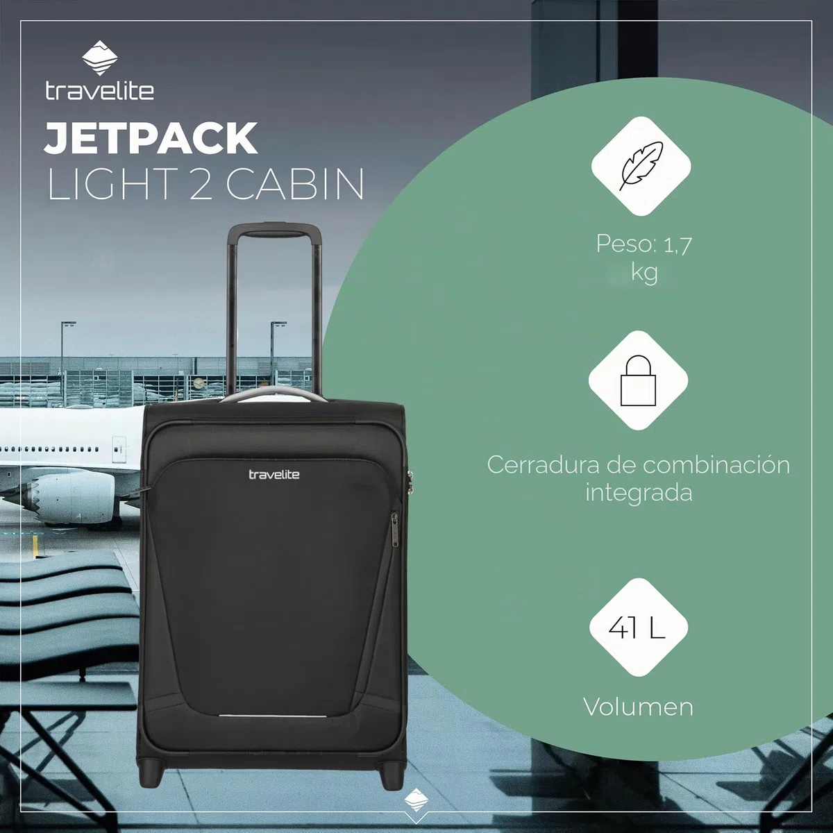 travelite Maleta de Equipaje de Mano con 2 Ruedas para Condor + Ryanair, Cerradura de combinación integrada, Trolley de Equipaje Blando superligero con función de Enganche, 55x40x20 cm, 41 l, 1,7 kg
