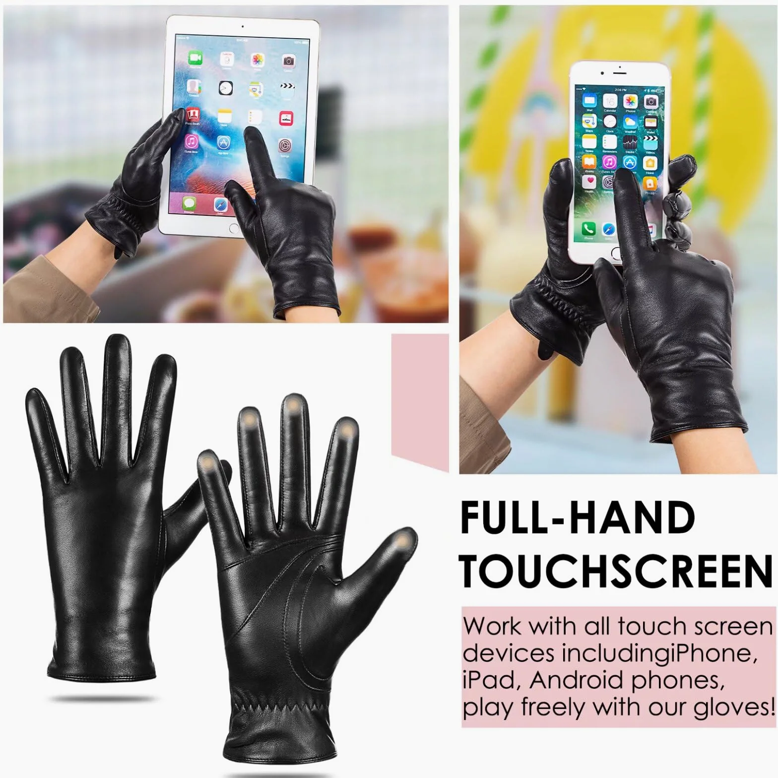 Guantes de invierno de piel de oveja para mujer, guantes de pantalla táctil con forro térmico de cachemira, guantes de conducción de moda, Negro -, S