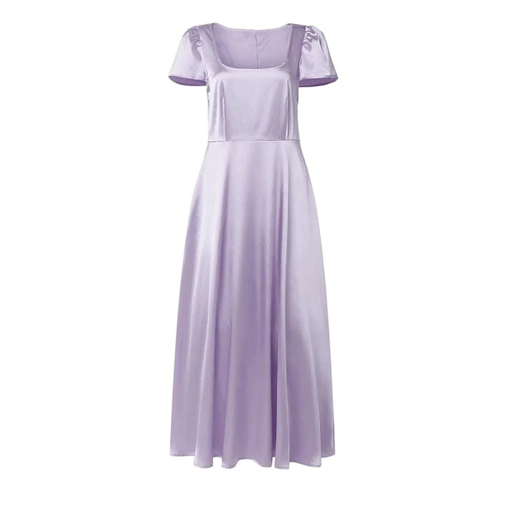 Vestido largo de satén para mujer, cintura alta, ajustado, manga corta, acampanado, vestido de fiesta