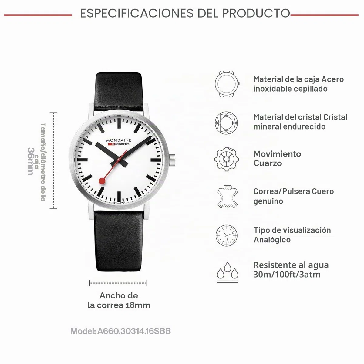 Mondaine Classic - Reloj de Cuero Negro para Hombre y Mujer, A660.30314.16SBB, 36 MM