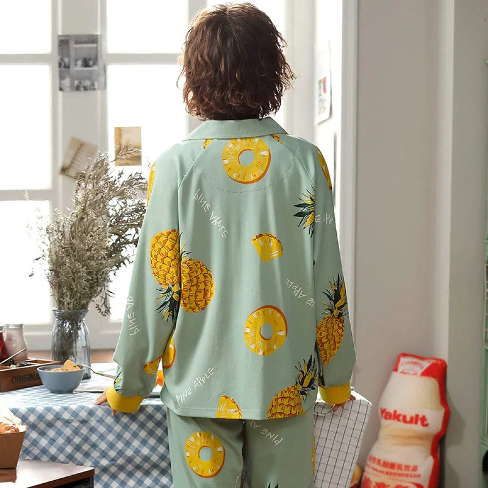 YUHOOE Conjunto De Pijamas De Mujer,Conjunto De Pijama De Manga Larga Algodón Estampado De Piña Lindo Botones Ropa De Dormir Tops & Bottom Pjs Set Nightwear Loungewear For All Seasons, Verde, M