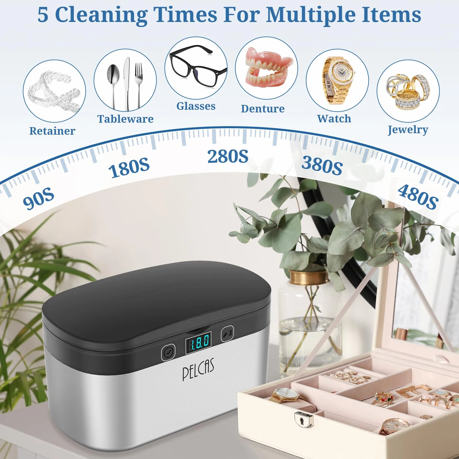 PELCAS Limpiador Ultrasonidos 45KHz 500ml Limpiador Ultrasónico Actualizado 38W Ultrasonidos Limpieza con Pantalla Táctil con 5 Modos de Temporizador para Joyería Dentaduras Postizas Gafas Relojes
