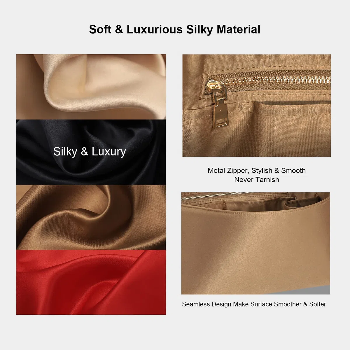 Organizador de monedero para bolsos, organizador de seda con cremallera, suave y sedoso, organizador de bolsas para Speedy Neverful, onthego, Artsy, 6 tamaños (tamaño grande, marrón sedoso)