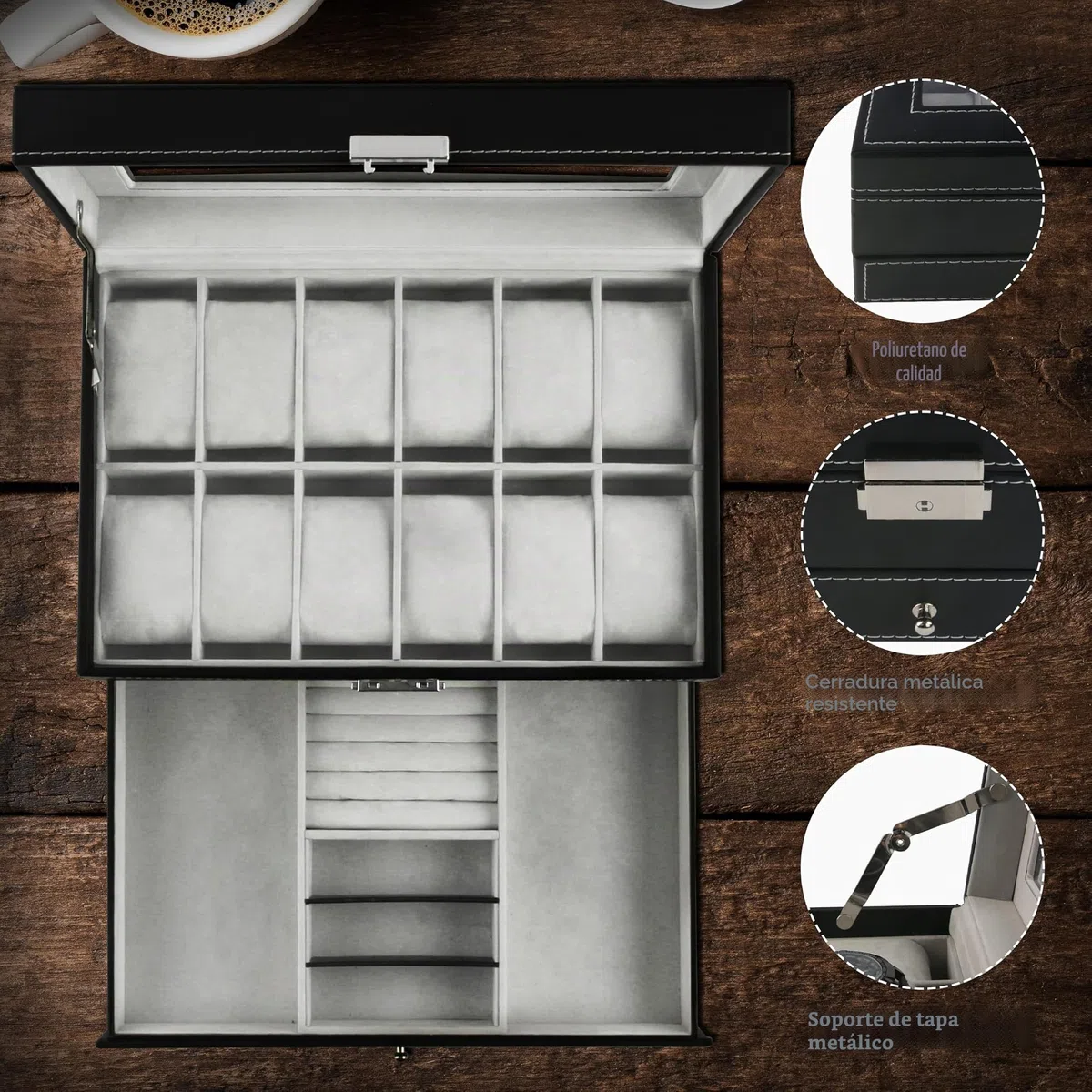 Ogrmar Cajas de almacenamiento de relojes de piel sintética con 12 ranuras, caja de almacenamiento de joyería para hombres y mujeres, organizador de 2 niveles con tapa de vidrio