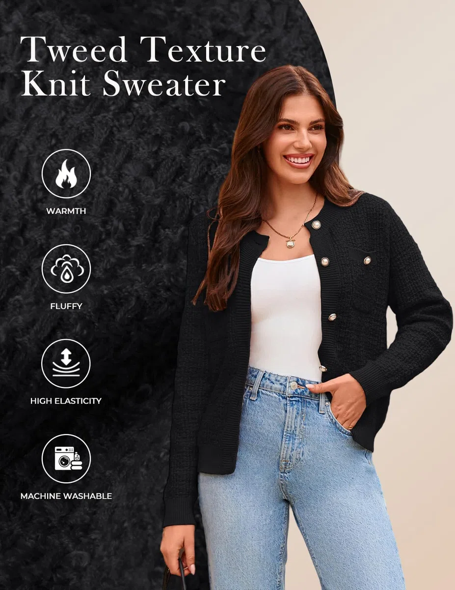 GRACE KARIN Cárdigan de punto con botones y bolsillos para mujer, con parte delantera abierta, con textura, Negro -, L