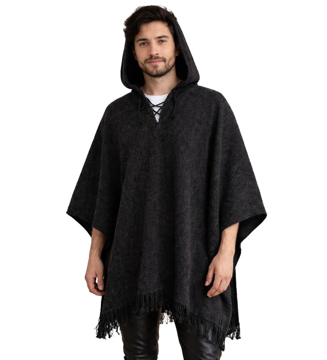 Gamboa Alpaca Poncho Hombre con Capucha Estilo Mexicano Lana Otoño Invierno Negro