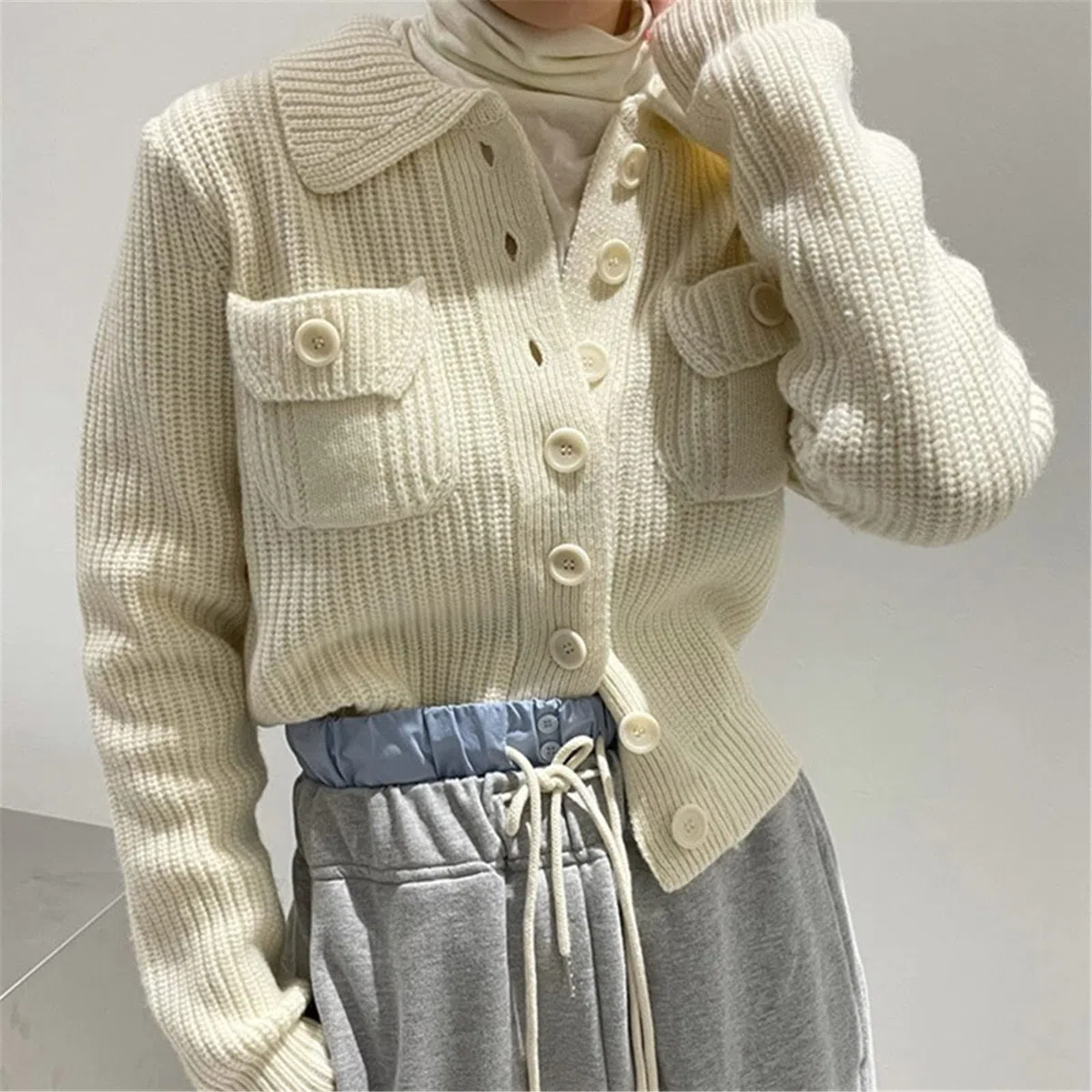 Otoño Invierno De Punto Cardigan Chic Doble Bolsillos Suéter Abrigo Slim Cintura Elegante Chaqueta De Punto, rosso, Talla única