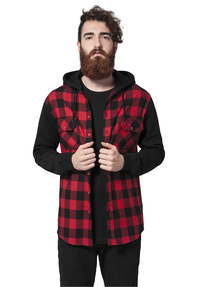 Urban Classics A Cuadros Franela con Capucha Hombre Camisa de Franela Negro/Rojo Regular