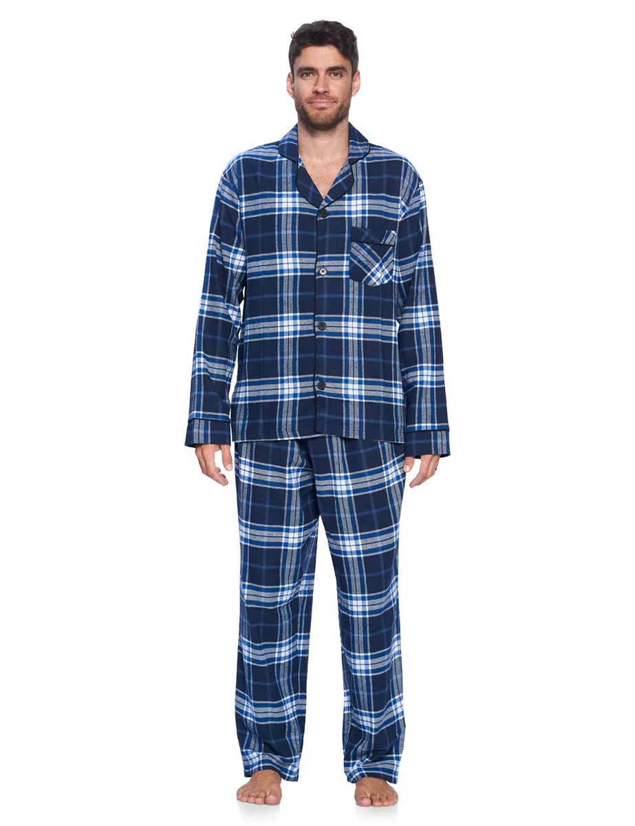 Ashford & Brooks Conjunto de pijama de franela de manga larga para hombre, a cuadros, ropa de dormir y ropa de descanso con botones