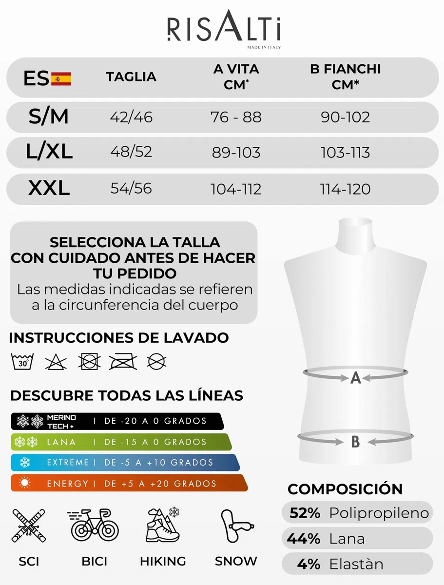 Risalti Ropa Termica Hombre Frio Lana Merino Tech – Camiseta Termica Hombre Manga Larga y Mallas Lana Merinos, Ropa Interior Invierno Transpirable y Termorreguladora, Seamless – Made in Italy
