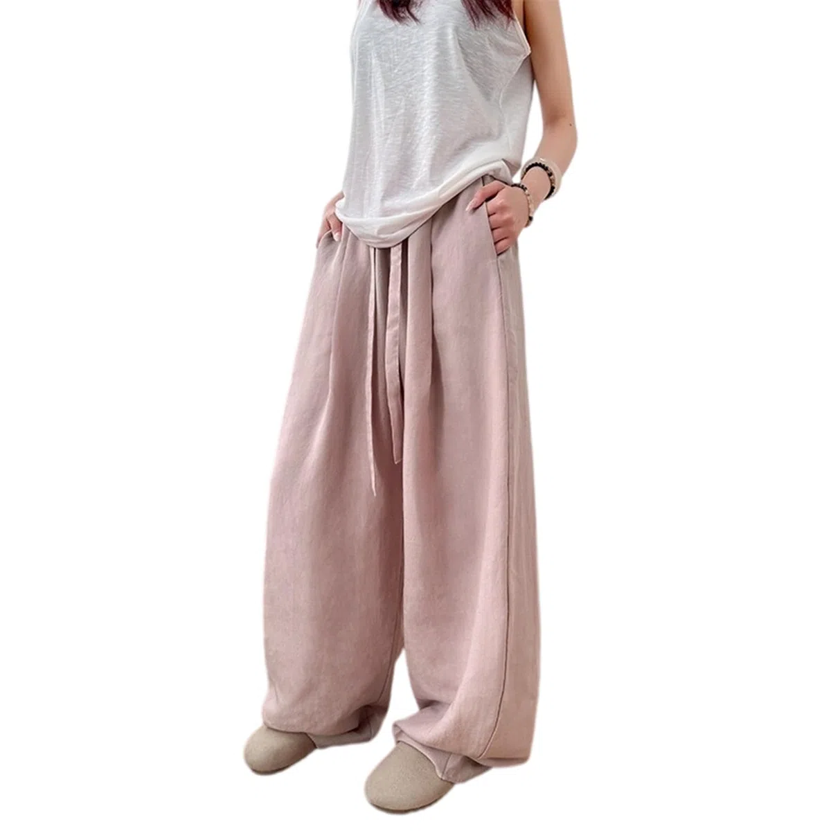 Pantalones de lino sueltos de pierna ancha para mujer