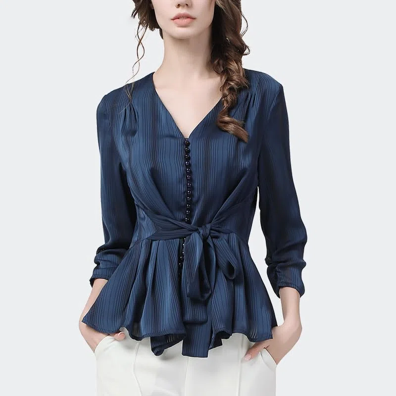 Blusas de Gasa a Rayas Azules para Mujer, Blusas Informales de Oficina con Cuello en V Ajustadas con Fajas y Mangas Tres Cuartos, Camisa (Negro XL)