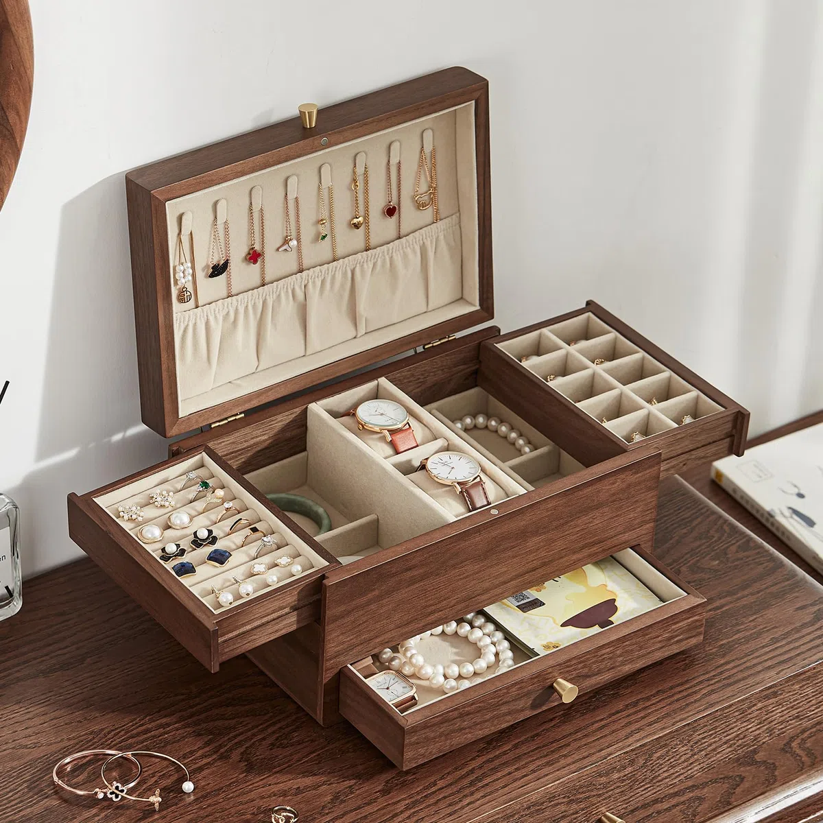 Joyero de madera para mujer, caja organizadora multifuncional de 3 niveles, para relojes, collares, anillos y aretes, Regalo para Ella (nogal negro) | Organizador de joyas de madera grande, cajones multifuncionales, reloj, collar, anillo, almacenamiento d
