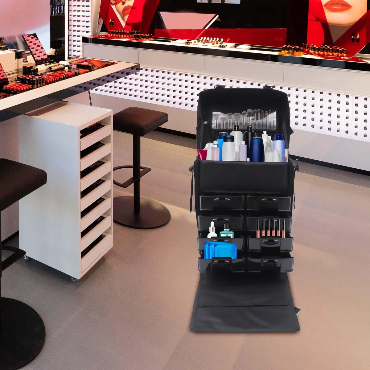 Maleta de maquillaje con cajones de almacenamiento y ruedas omnidireccionales 2 en 1 para viajes material de nailon estuche de belleza maletín de viaje maletín de peluquería maletín cosmético