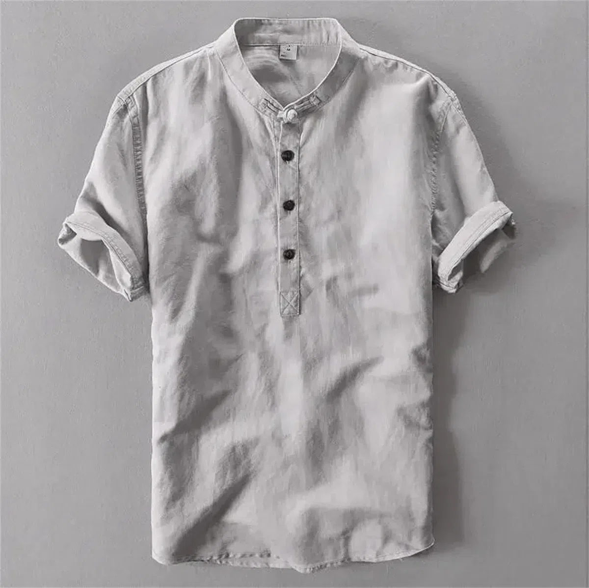 Camiseta de manga corta para hombre, cuello mandarín, algodón, lino, ajuste delgado, transpirable, informal, para uso diario