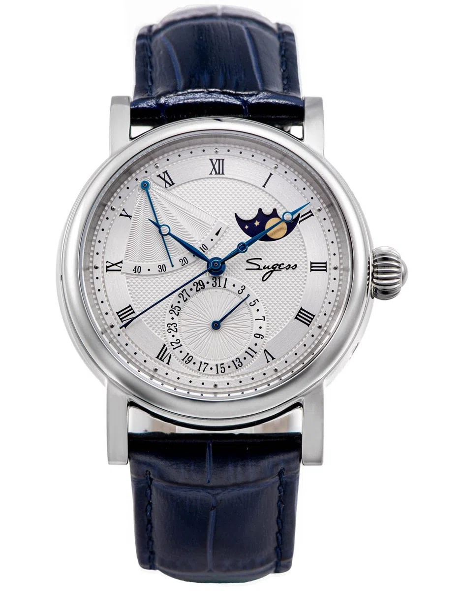 SU2153SW MoonPhase Master Seagull ST2108 - Reloj mecánico automático para hombre con cristal de zafiro 1963, plata, Correa