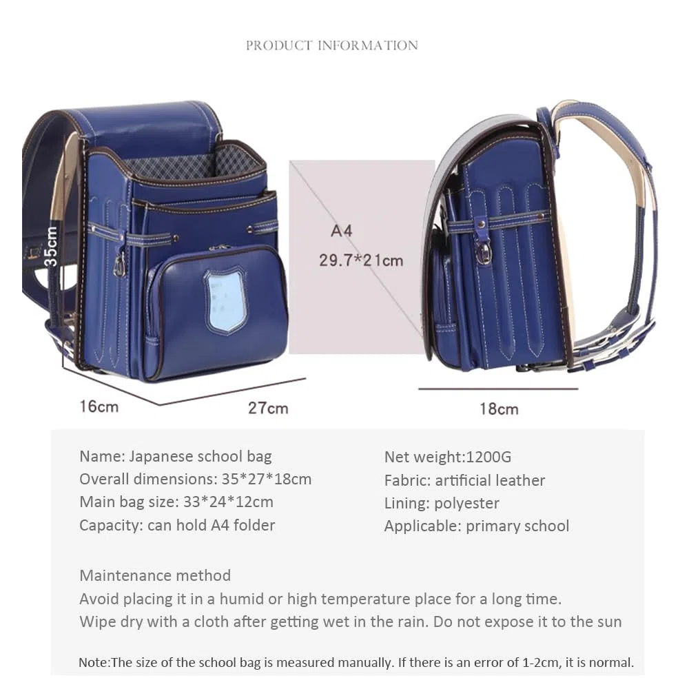 Ransel Randoseru PU Leather Japanese Box Backpack con Bloqueo Automático Bolsa De Escuela Ligera,Negro,35 * 27 * 18cm