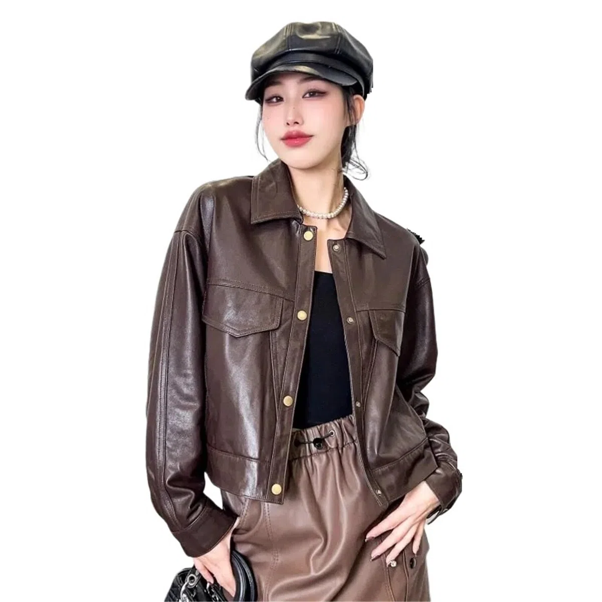Chaqueta Cuero Mujer Chaqueta de cuero genuino estilo motociclista for mujer, un solo pecho, holgada, con protección contra el aceite y la cera Para salir