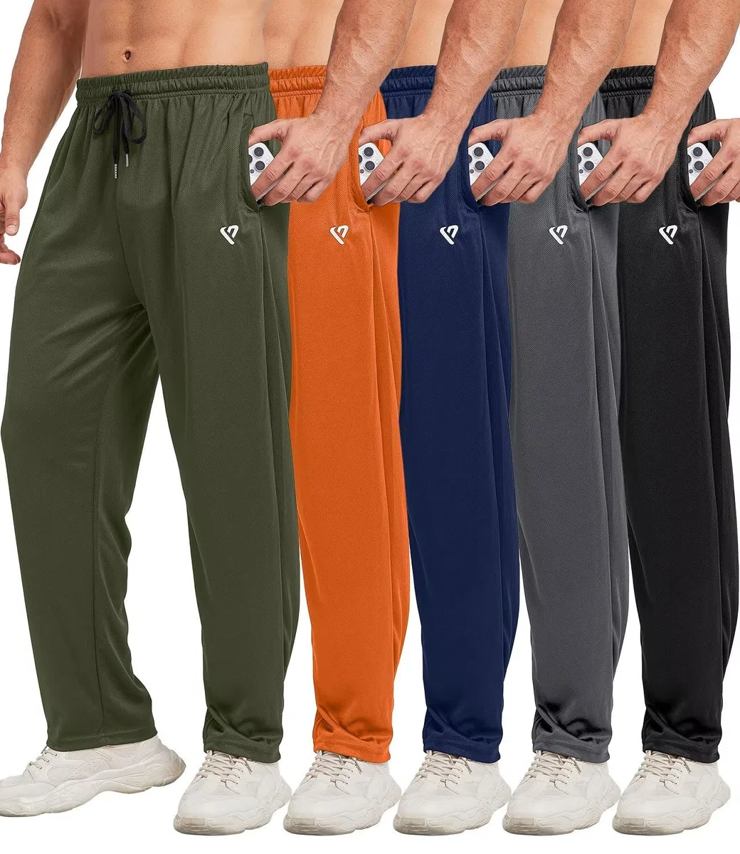 lomsoe Pack de 5 pantalones de chándal para hombre, tejido de malla, pantalones deportivos largos con bolsillos con cremallera, pantalones de chándal holgados para correr y tiempo libre, negro, gris