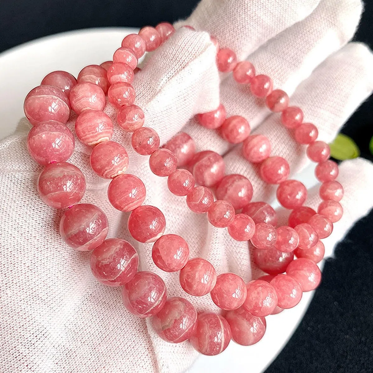 Pulsera de rodocrosita Natural para Mujer, Pulsera de Cuentas con Rayas Rojas y Blancas, joyería elástica con Piedras curativas Redondas para Uso Diario.,8mm