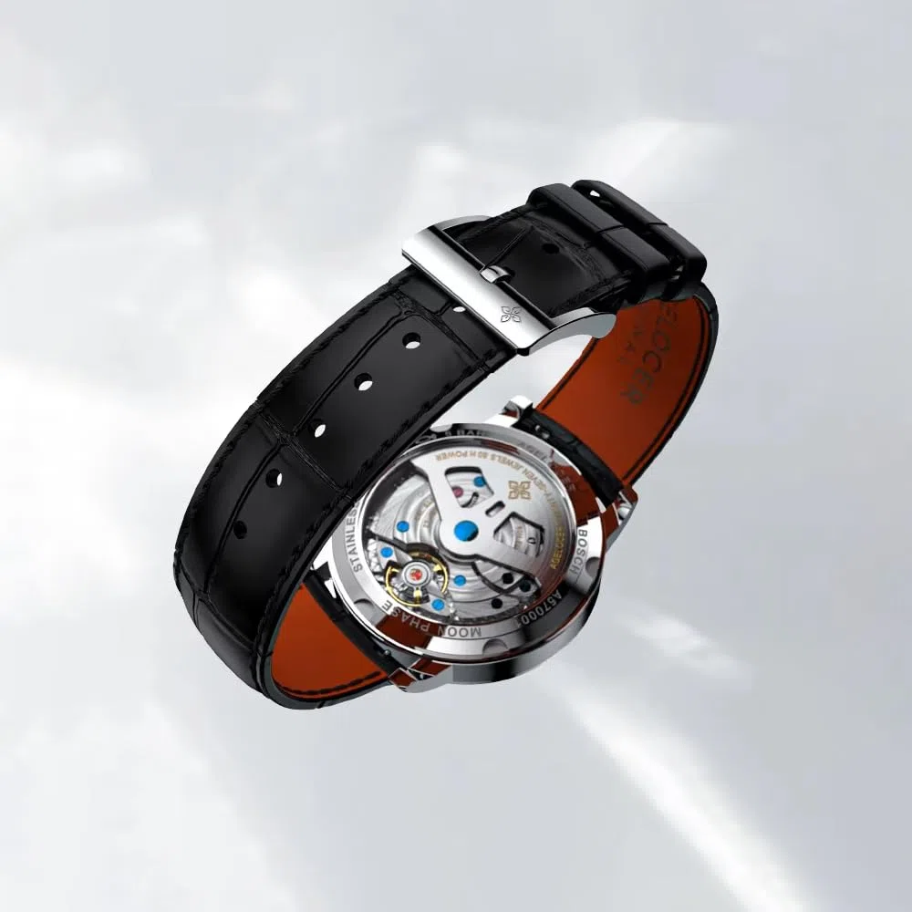 agelocer Reloj mecánico automático de fase lunar para hombre, esfera esculpida de metal 3D de 40 mm, reserva de marcha de 80 horas, cristal de zafiro, acero 316L y correa de piel de cocodrilo