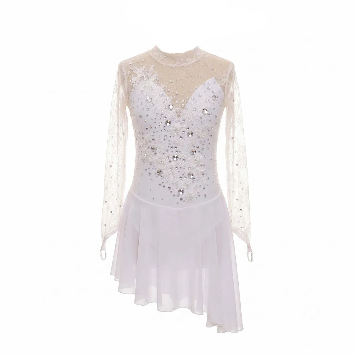 purpleq Vestido de Patinaje Artístico Blanco, Leotardo con Encaje y Pedrería, Traje Elegante Profesional para Competencias de Patinaje sobre Hielo, Danza y Presentaciones