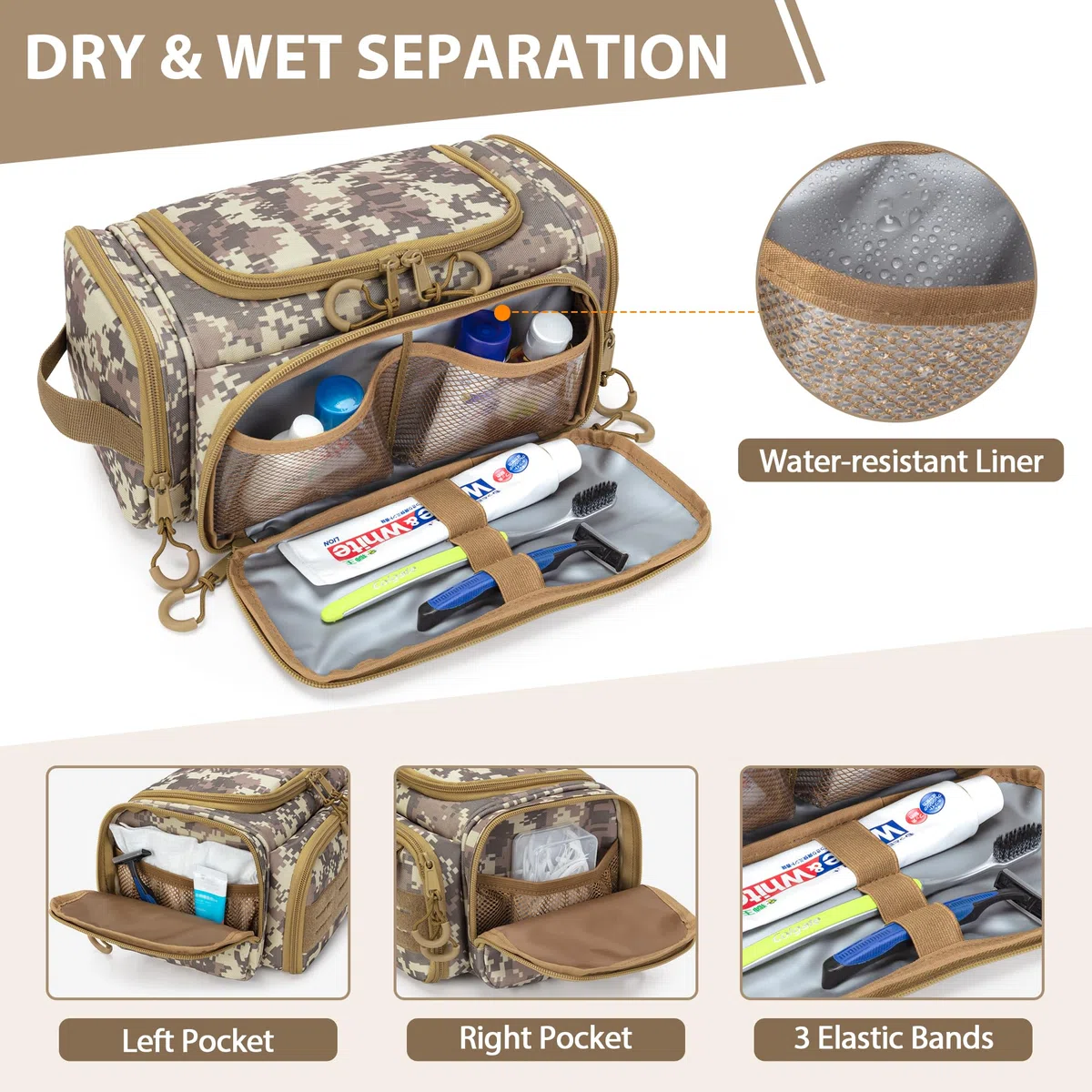 Neceser táctico para hombre, bolsa de higiene colgante, Amarillo (Desert Yellow), Táctico/resistente