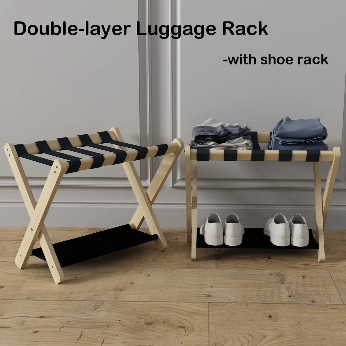 Genérico Organizador de Maletas Plegable con Zapatero - Juego de 2 portaequipajes para habitación de Invitados - Soporte para Maletas de 2 Niveles - Soporte para Maletas de Suelo, 70 x 43 x
