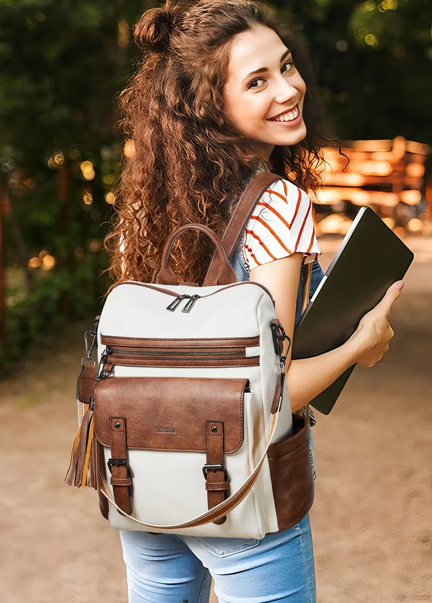 Shrrie Mochila para Mujer Cuero Vegano,Impermeable Antirrobo,Elegante para Portátil,Correa Ajustable con Asa y Bandolera Multifuncional para Diario,Trabajo,Viaje,Escuela y Compras.