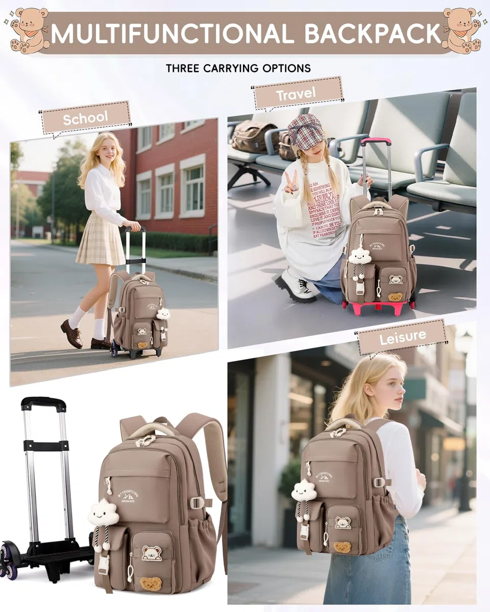 Tanou Mochila Escolar Niña con Ruedas, Mochilas Adolescente Chica con Carro | 30L, Trolley Desmontable Mochila Instituto de Viaje con 6 Ruedas, Marrón