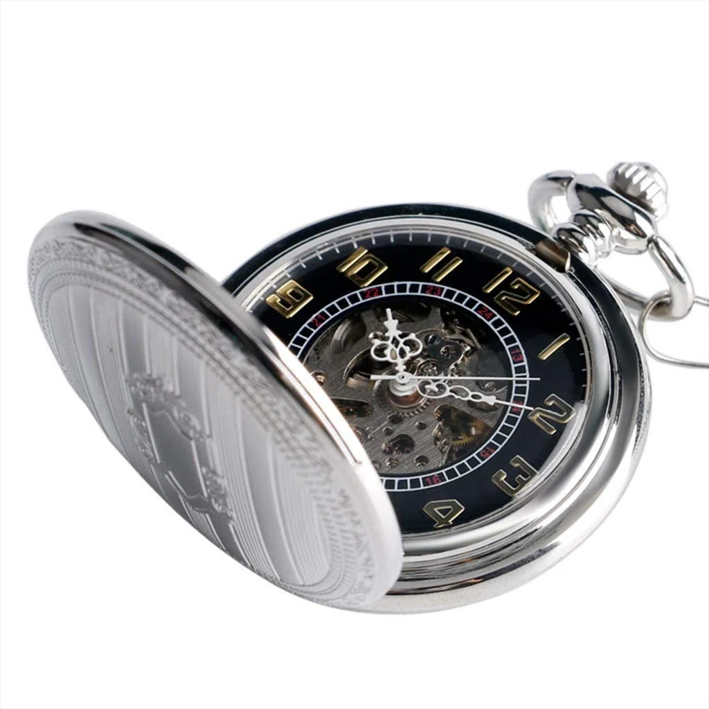 J-Love Reloj de Bolsillo con Cuerda automática, Esqueleto mecánico automático, Reloj de Bolsillo, diseño de Escudo Plateado Vintage, Esqueleto Negro con Cadena de 30cm