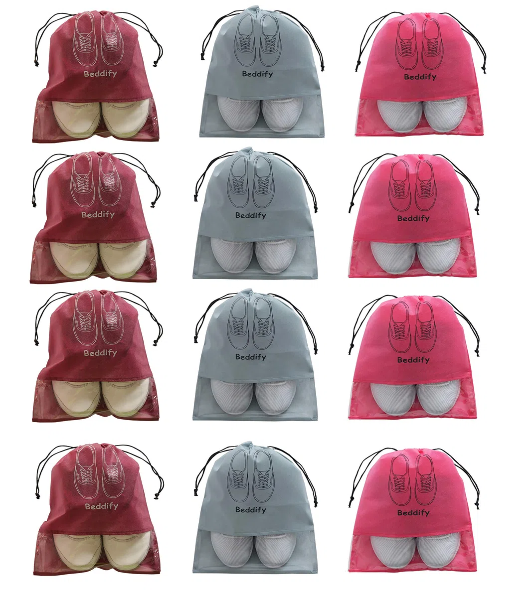 Beddify Funda para zapatos de viaje de 12 piezas (12 x 16 pulgadas), bolsa portátil no tejida, organizador de calzado duradero (juego de 12), Plata, rosa y granate, Pack of 12, Accesorios de viaje