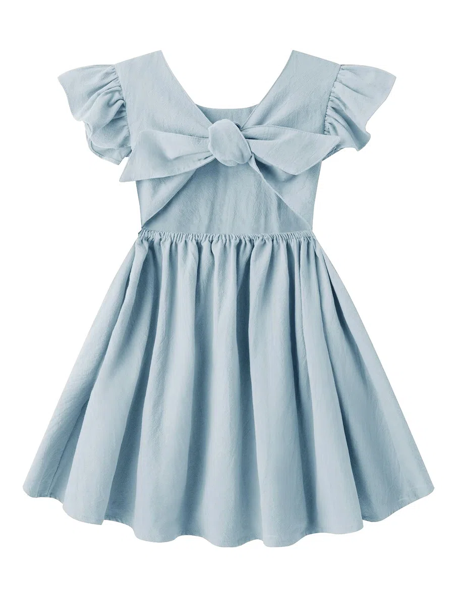 Vestido de algodón de lino con volantes sin espalda sin mangas para niños vestidos de fiesta casuales, A-gris verde