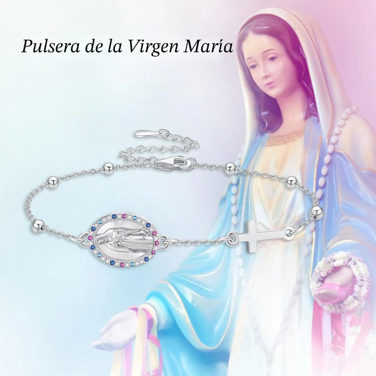 URONE Pulsera de la Virgen María de Plata de Ley con Rosario y Cruz Colgante Pulsera "Virgen de Guadalupe" Joyería Cristiana Regalos para Mujer