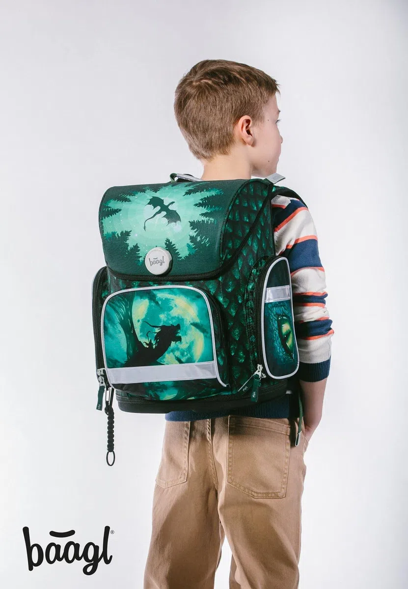Baagl Juego de 3 mochilas escolares Ergo para 1ª clase, mochila ergonómica para escuela primaria con correa para el pecho, dragón, Juego de mochila escolar