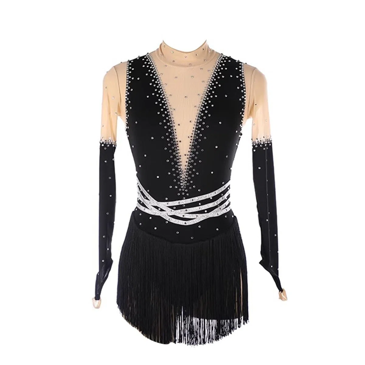 purpleq Vestido de Danza Patinaje Hielo para Mujer de Las Mujeres Manga Larga Cuello Alto Pedrería Borla Gimnasia Leotardos Traje de Danza Lirica Ropa Ballet Mujer