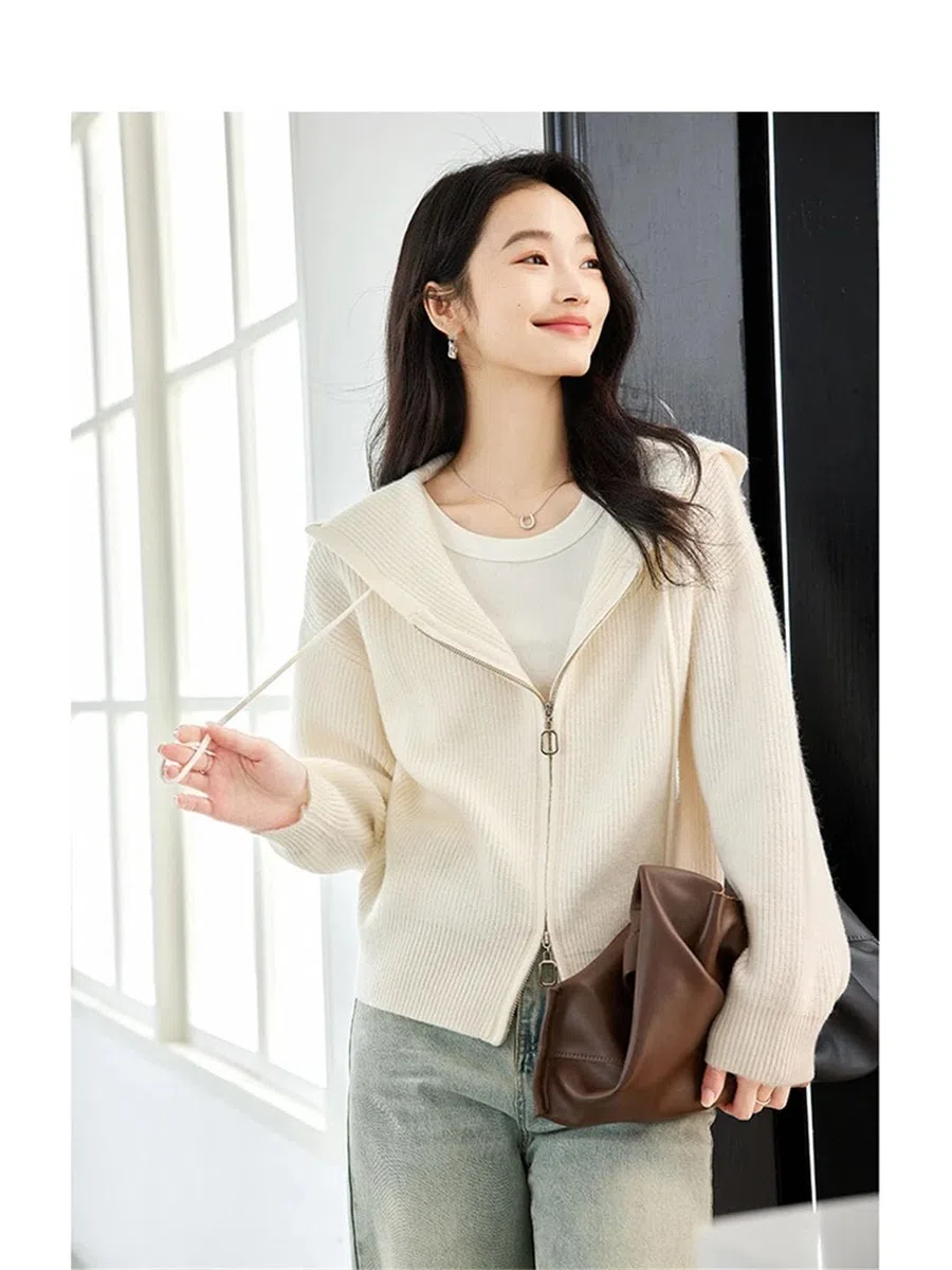 Cárdigan de punto simple con capucha para mujer, chaqueta con cremallera, abrigo sólido para viajeros perezosos