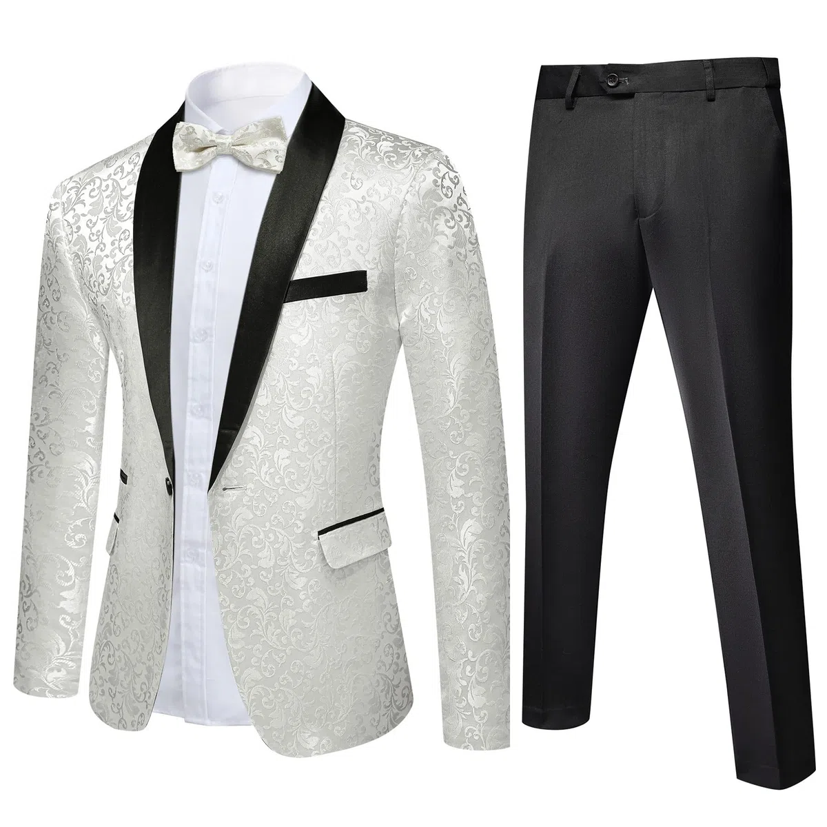 YFFUSHI Traje Jacquard Hombre 2 Piezas 1 Botón Solapas de Chal Boda Gala Lujo Chaqueta Pantalón Pajarita